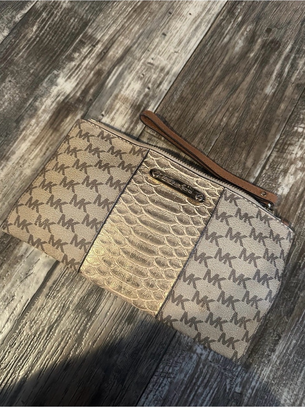 Michael Kors Gold and Beige Signature Wristlet Clutch